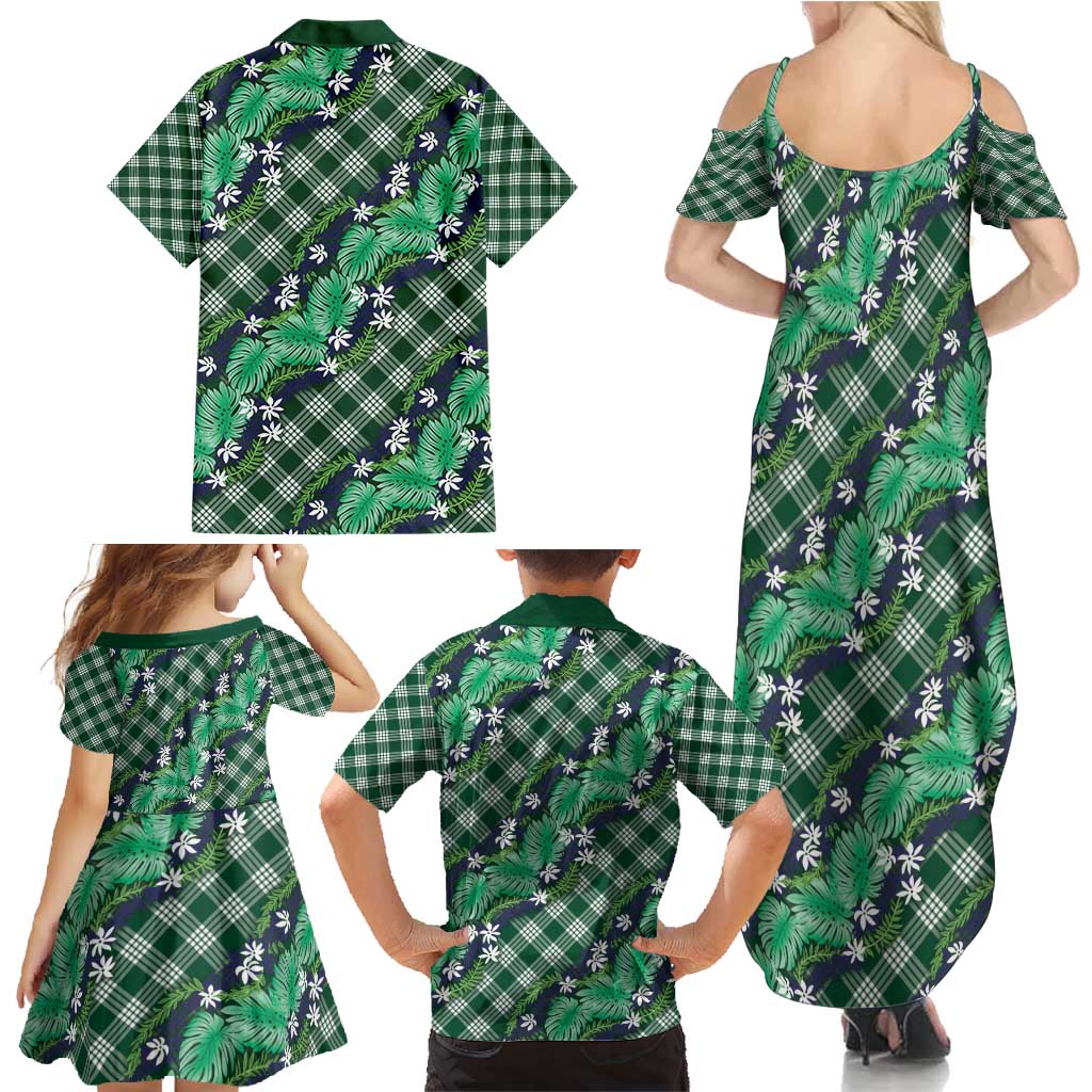 Polynesian Monstera Tiare Floral Family Matching Summer Maxi Dress and Hawaiian Shirt Forest Green Tropical Plaid - Polynesian Pride