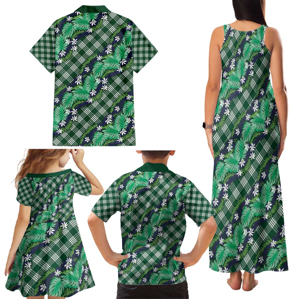 Polynesian Monstera Tiare Floral Family Matching Tank Maxi Dress and Hawaiian Shirt Forest Green Tropical Plaid - Polynesian Pride