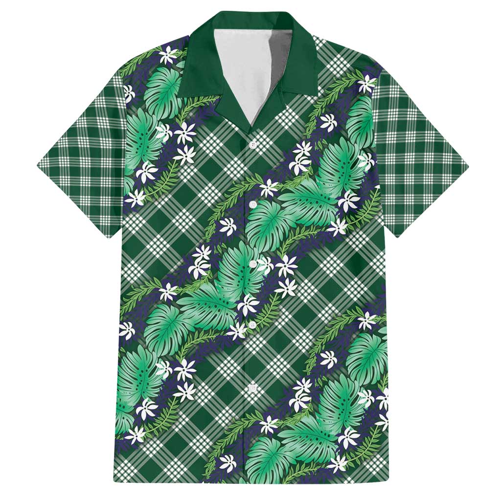 Polynesian Monstera Tiare Floral Family Matching Tank Maxi Dress and Hawaiian Shirt Forest Green Tropical Plaid - Polynesian Pride