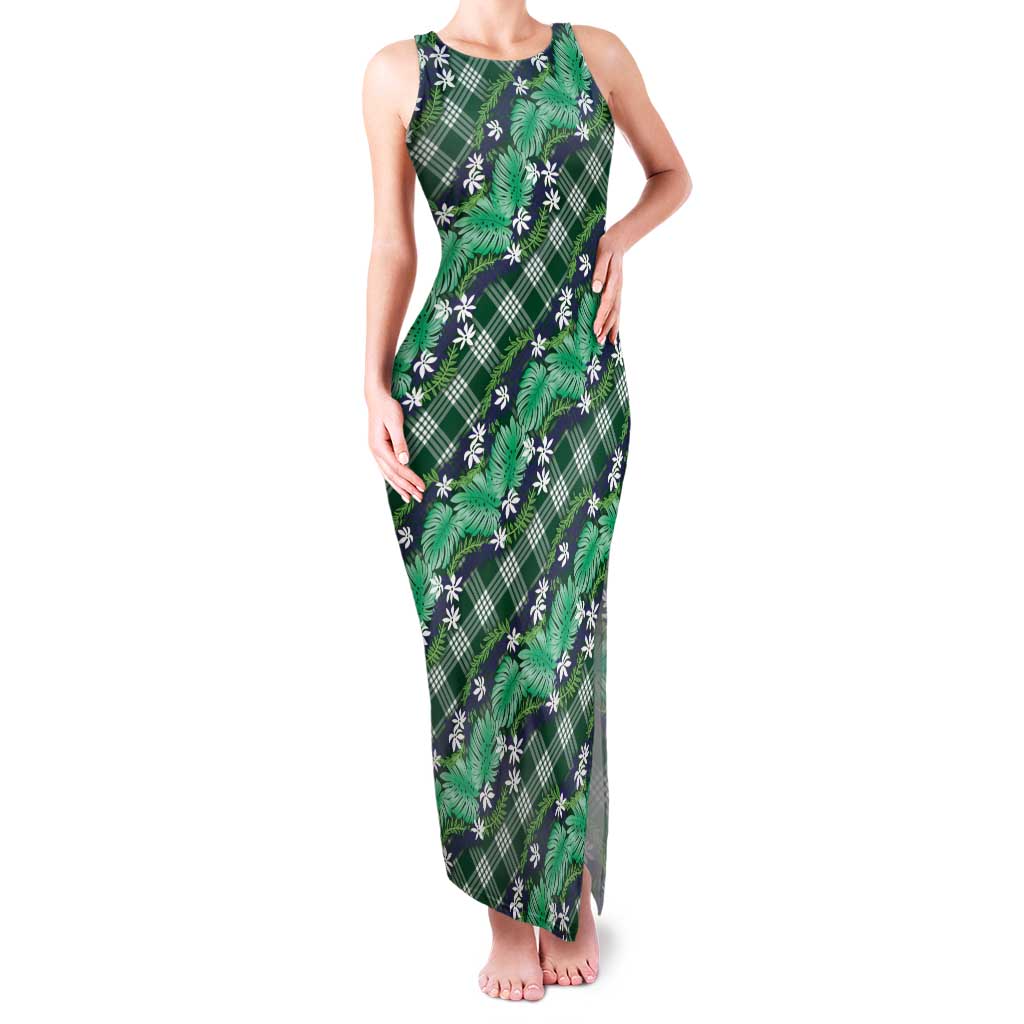 Polynesian Monstera Tiare Floral Family Matching Tank Maxi Dress and Hawaiian Shirt Forest Green Tropical Plaid - Polynesian Pride
