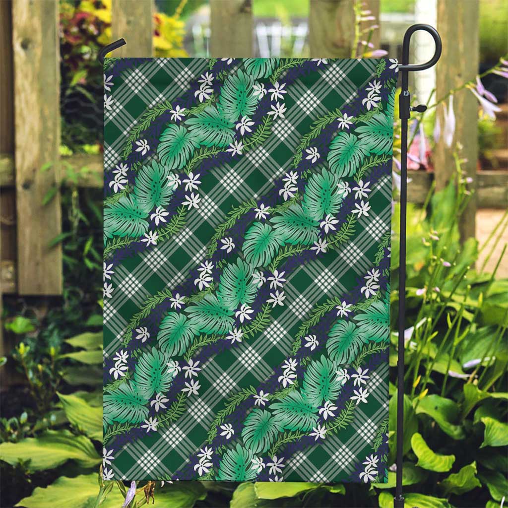 Polynesian Monstera Tiare Floral Garden Flag Forest Green Tropical Plaid - Polynesian Pride