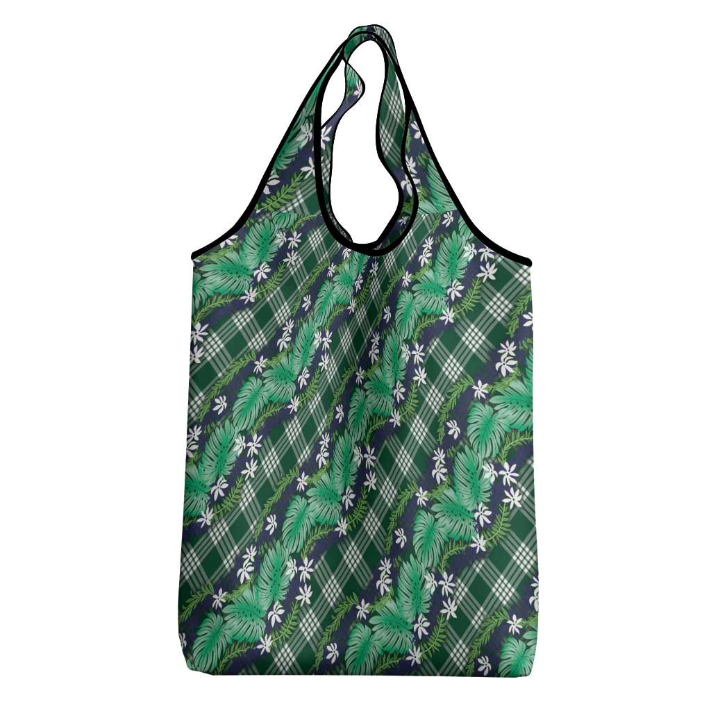 Polynesian Monstera Tiare Floral Grocery Bag Forest Green Tropical Plaid - Polynesian Pride
