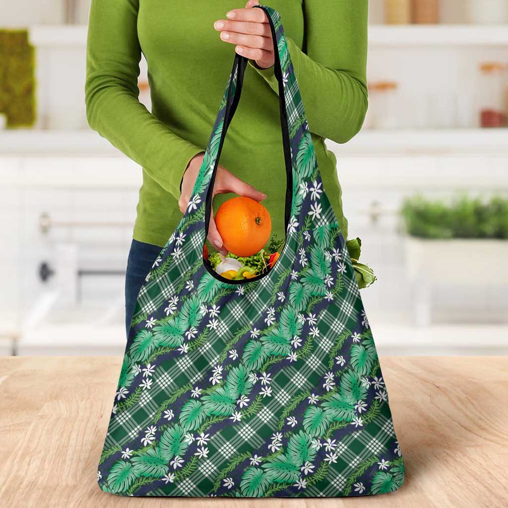 Polynesian Monstera Tiare Floral Grocery Bag Forest Green Tropical Plaid - Polynesian Pride