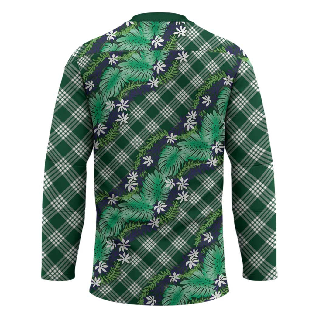 Polynesian Monstera Tiare Floral Hockey Jersey Forest Green Tropical Plaid - Polynesian Pride