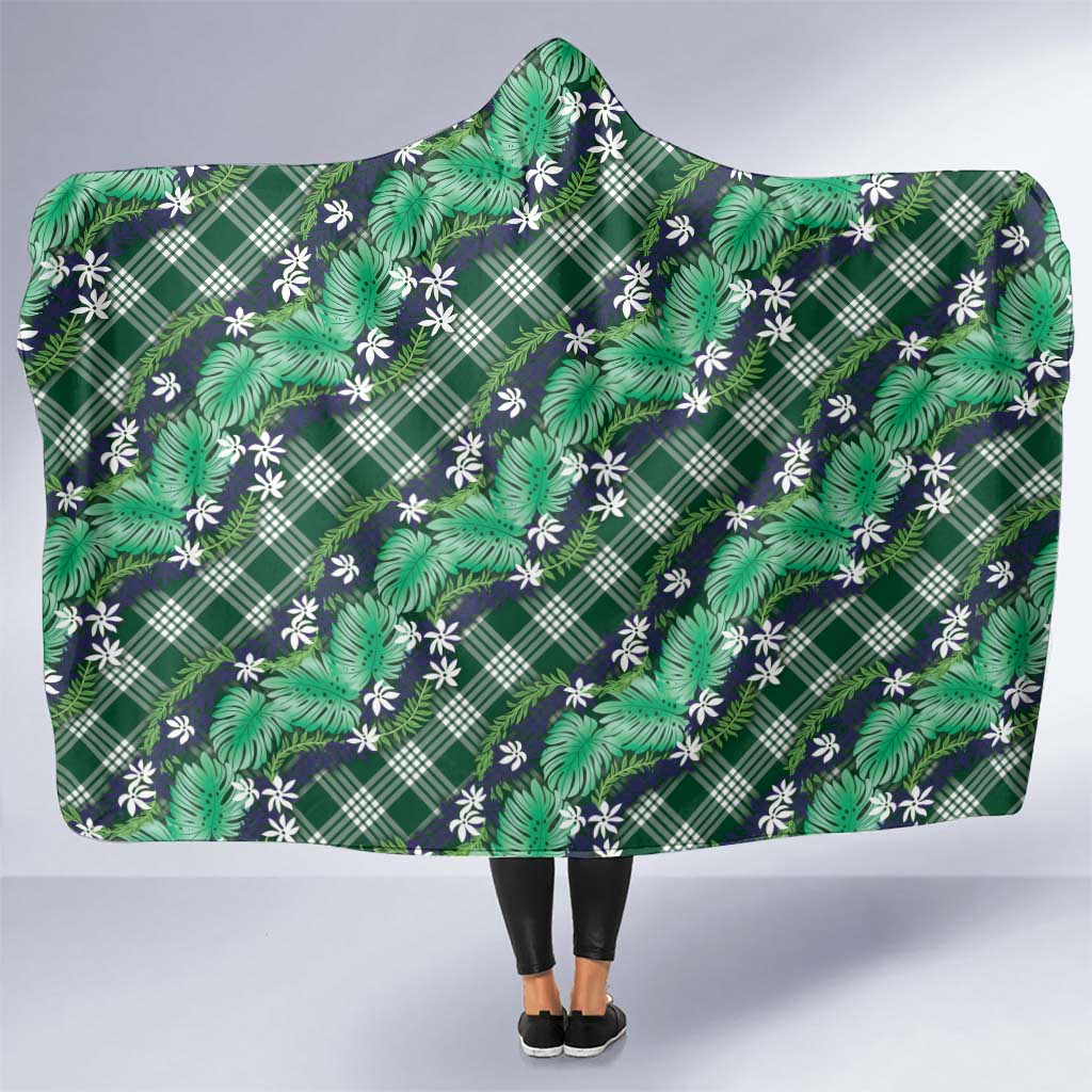 Polynesian Monstera Tiare Floral Hooded Blanket Forest Green Tropical Plaid - Polynesian Pride