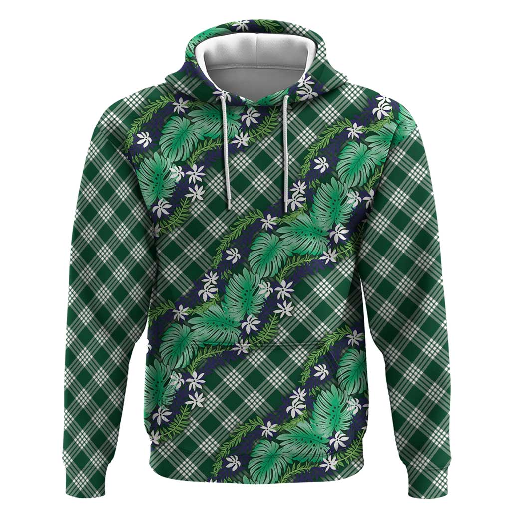 Polynesian Monstera Tiare Floral Hoodie Forest Green Tropical Plaid - Polynesian Pride
