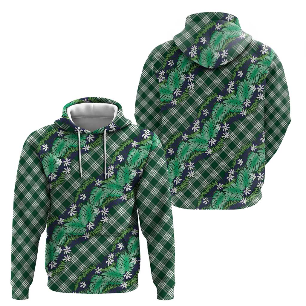Polynesian Monstera Tiare Floral Hoodie Forest Green Tropical Plaid - Polynesian Pride