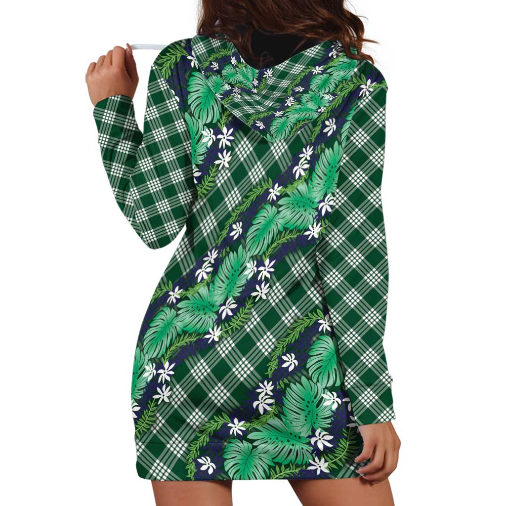 Polynesian Monstera Tiare Floral Hoodie Dress Forest Green Tropical Plaid - Polynesian Pride