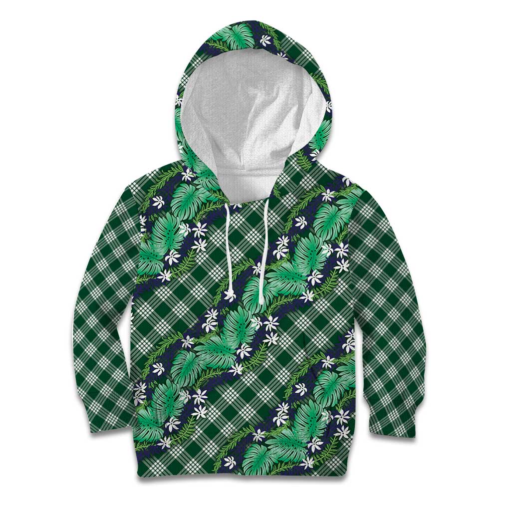 Polynesian Monstera Tiare Floral Kid Hoodie Forest Green Tropical Plaid - Polynesian Pride