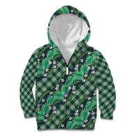 Polynesian Monstera Tiare Floral Kid Hoodie Forest Green Tropical Plaid - Polynesian Pride
