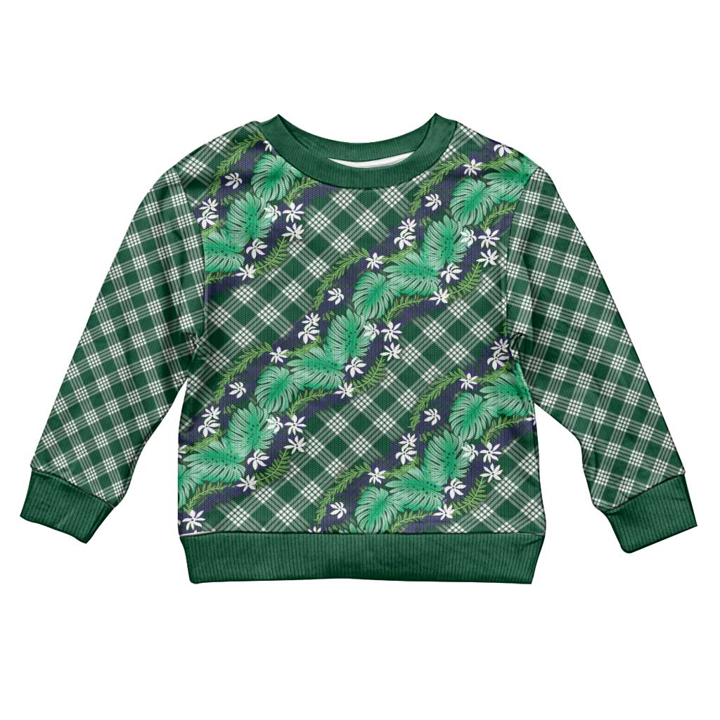 Polynesian Monstera Tiare Floral Kid Ugly Christmas Sweater Forest Green Tropical Plaid - Polynesian Pride
