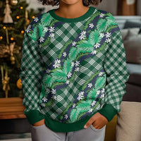 Polynesian Monstera Tiare Floral Kid Ugly Christmas Sweater Forest Green Tropical Plaid - Polynesian Pride