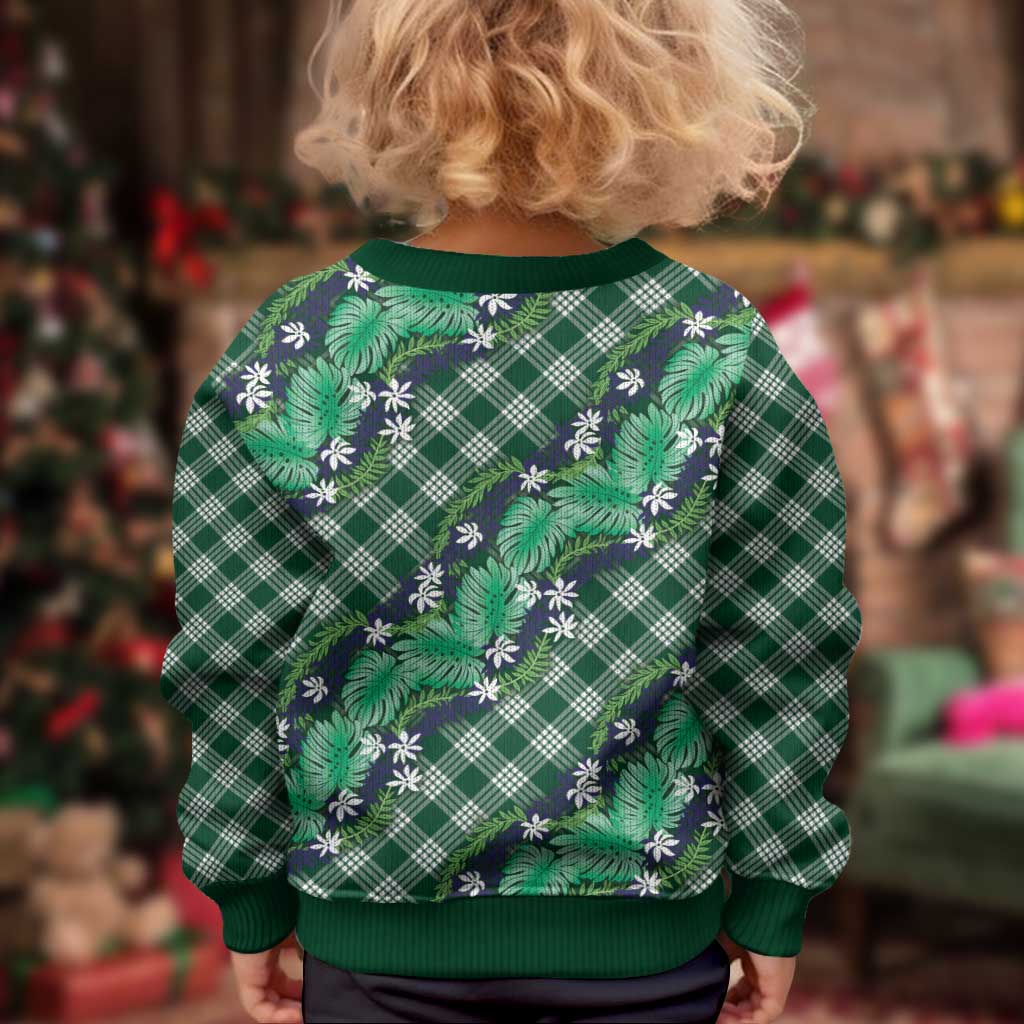 Polynesian Monstera Tiare Floral Kid Ugly Christmas Sweater Forest Green Tropical Plaid - Polynesian Pride