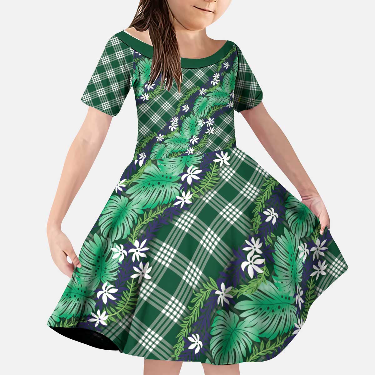 Polynesian Monstera Tiare Floral Kid Short Sleeve Dress Forest Green Tropical Plaid - Polynesian Pride