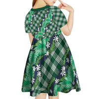 Polynesian Monstera Tiare Floral Kid Short Sleeve Dress Forest Green Tropical Plaid - Polynesian Pride