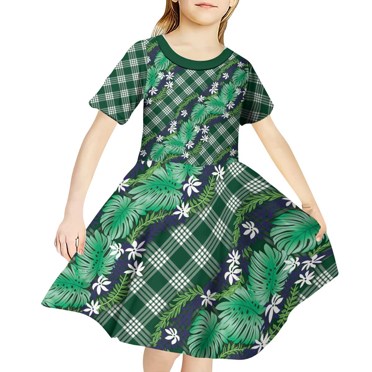 Polynesian Monstera Tiare Floral Kid Short Sleeve Dress Forest Green Tropical Plaid - Polynesian Pride