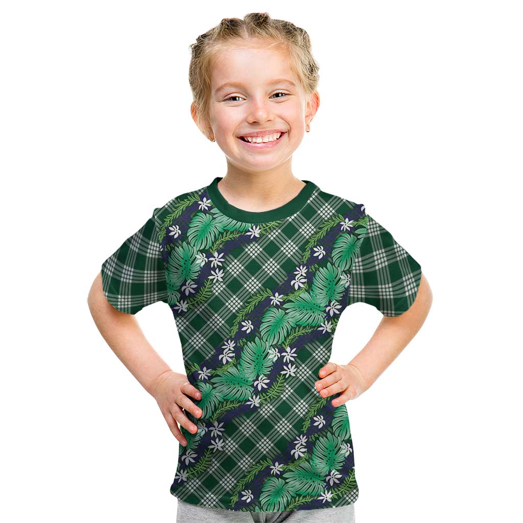 Polynesian Monstera Tiare Floral Kid T Shirt Forest Green Tropical Plaid - Polynesian Pride