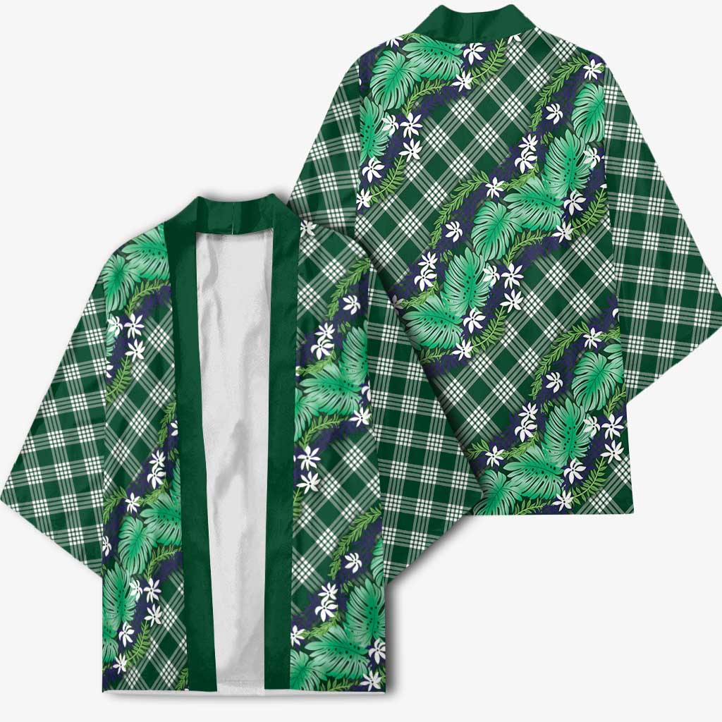 Polynesian Monstera Tiare Floral Kimono Forest Green Tropical Plaid - Polynesian Pride