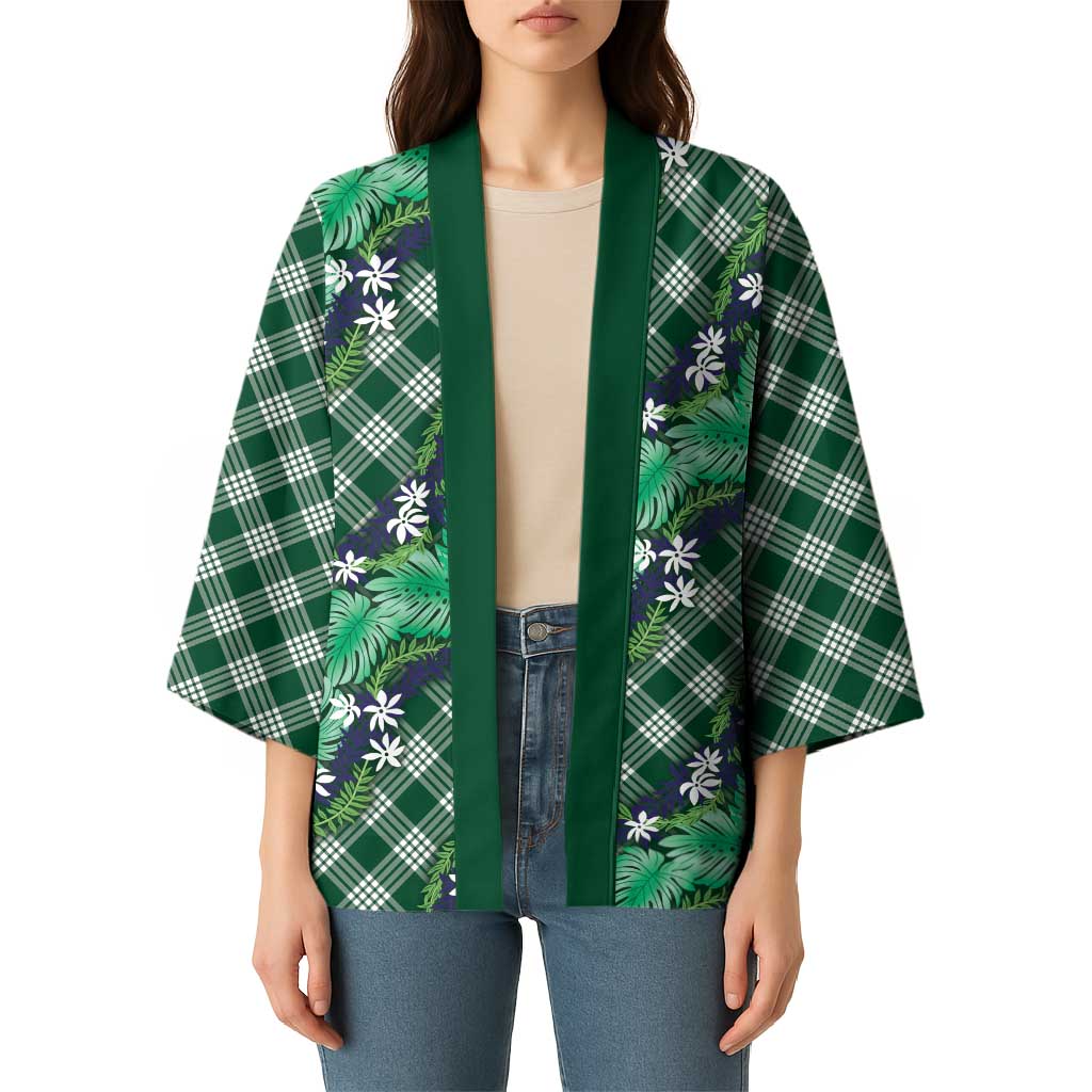 Polynesian Monstera Tiare Floral Kimono Forest Green Tropical Plaid - Polynesian Pride