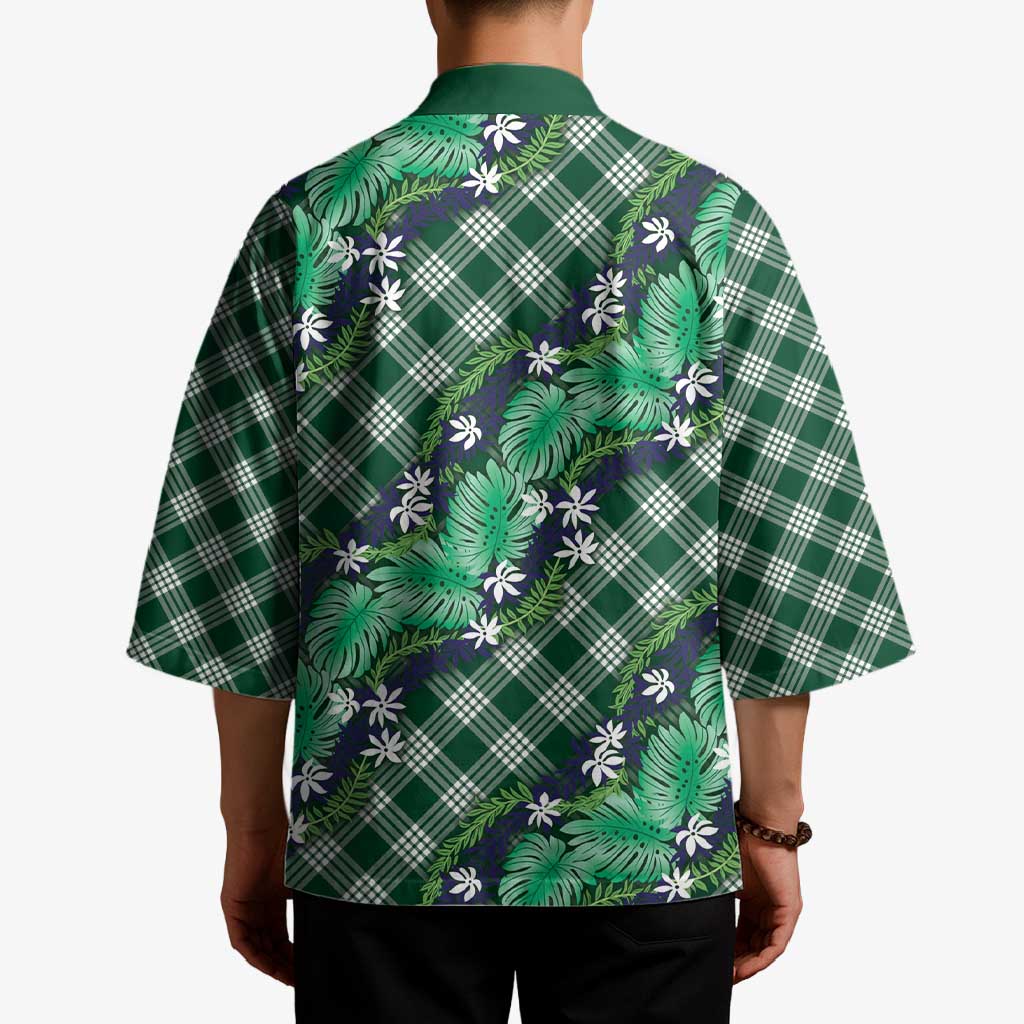Polynesian Monstera Tiare Floral Kimono Forest Green Tropical Plaid - Polynesian Pride