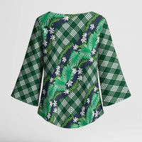 Polynesian Monstera Tiare Floral Kimono Sleeve Blouse Forest Green Tropical Plaid - Polynesian Pride