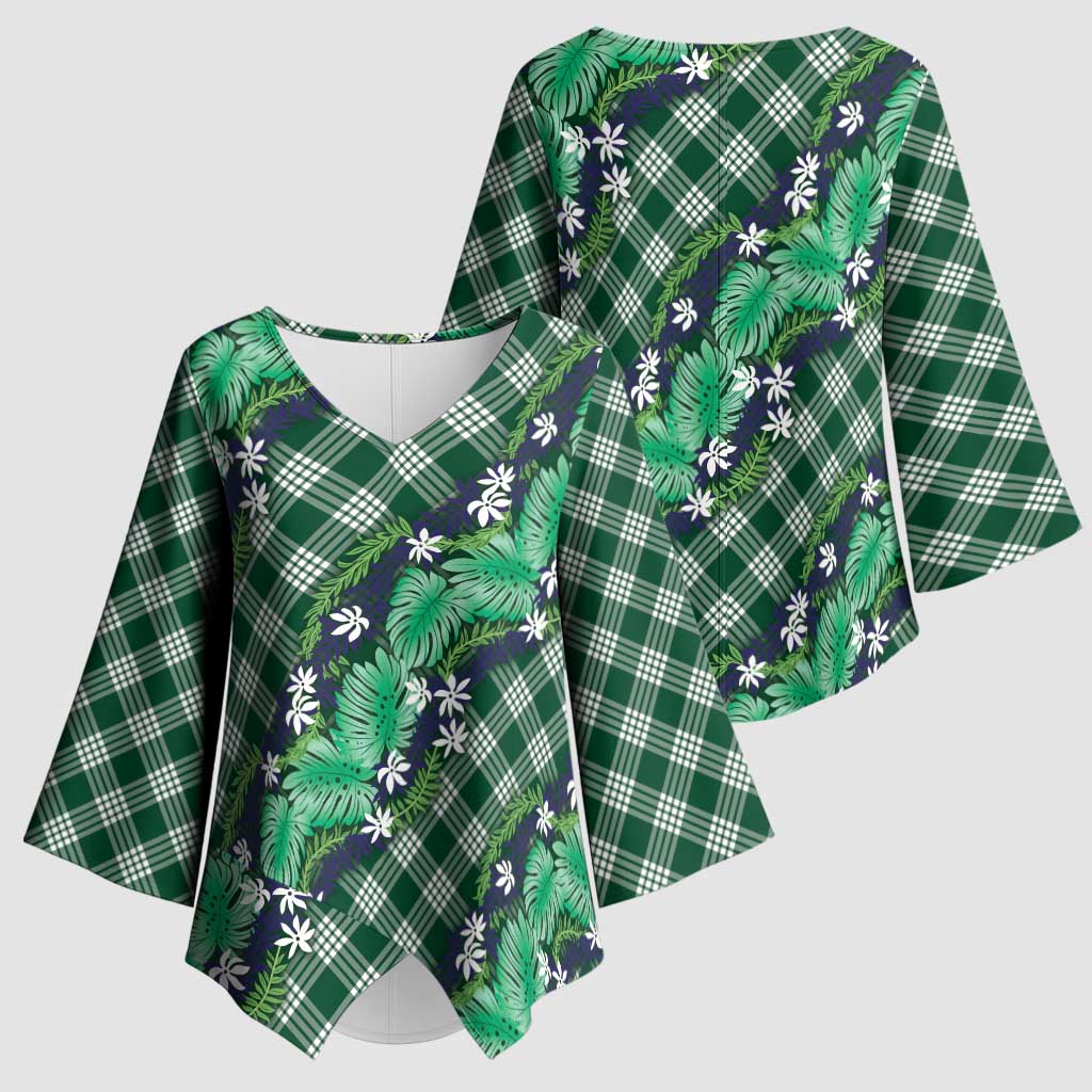 Polynesian Monstera Tiare Floral Kimono Sleeve Blouse Forest Green Tropical Plaid - Polynesian Pride