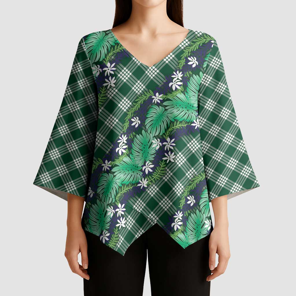 Polynesian Monstera Tiare Floral Kimono Sleeve Blouse Forest Green Tropical Plaid - Polynesian Pride