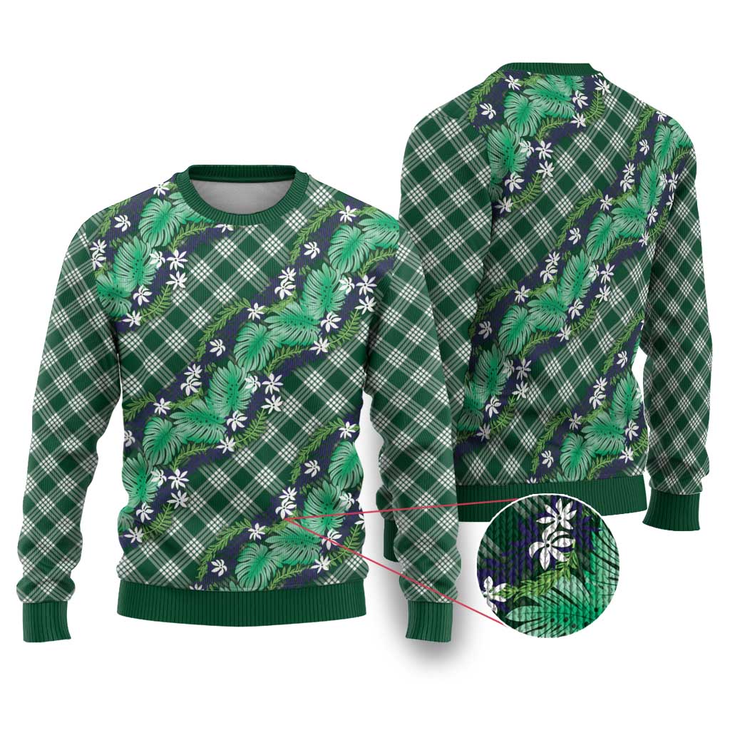 Polynesian Monstera Tiare Floral Ugly Christmas Sweater Forest Green Tropical Plaid - Polynesian Pride