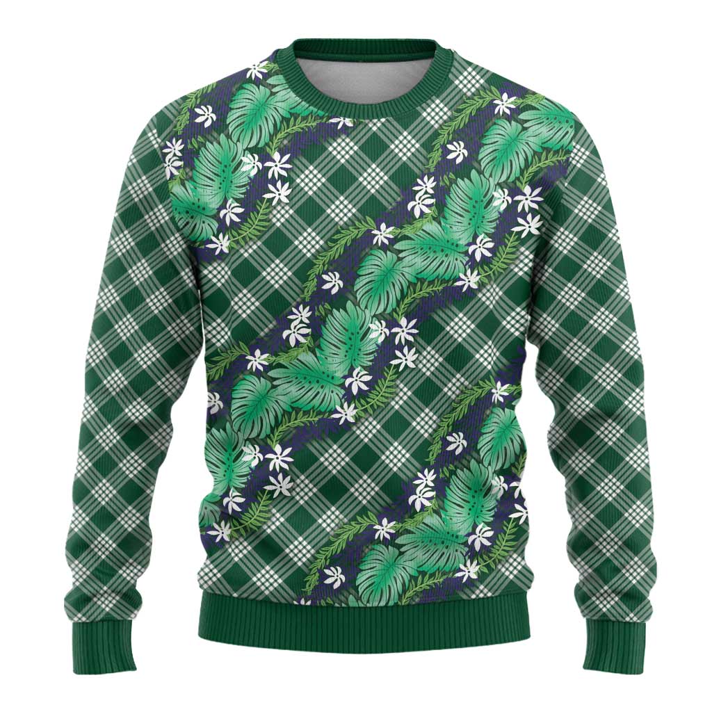 Polynesian Monstera Tiare Floral Ugly Christmas Sweater Forest Green Tropical Plaid - Polynesian Pride