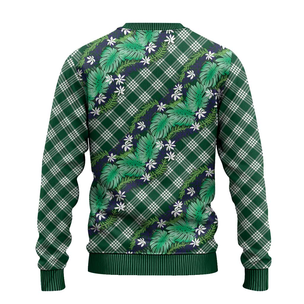 Polynesian Monstera Tiare Floral Ugly Christmas Sweater Forest Green Tropical Plaid - Polynesian Pride