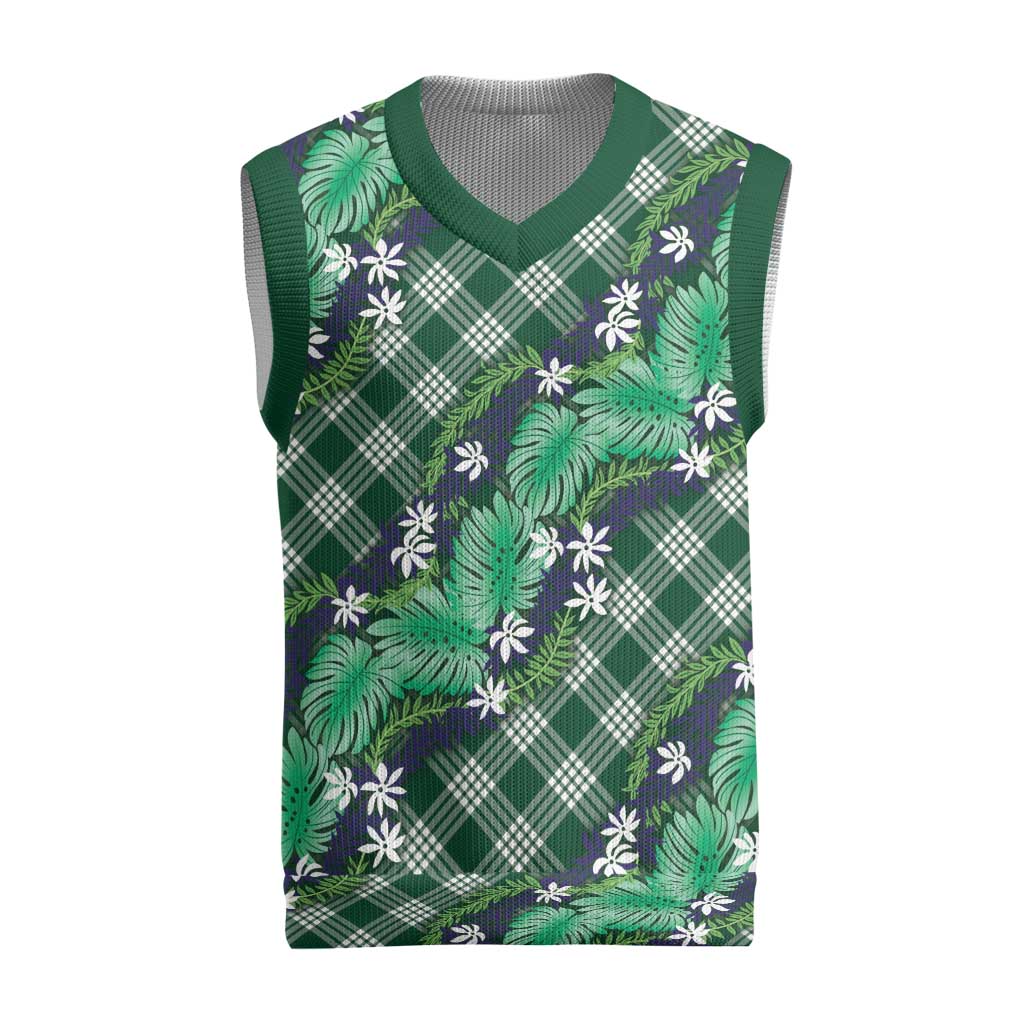 Polynesian Monstera Tiare Floral Christmas Knitted V-Neck Vest Forest Green Tropical Plaid - Polynesian Pride