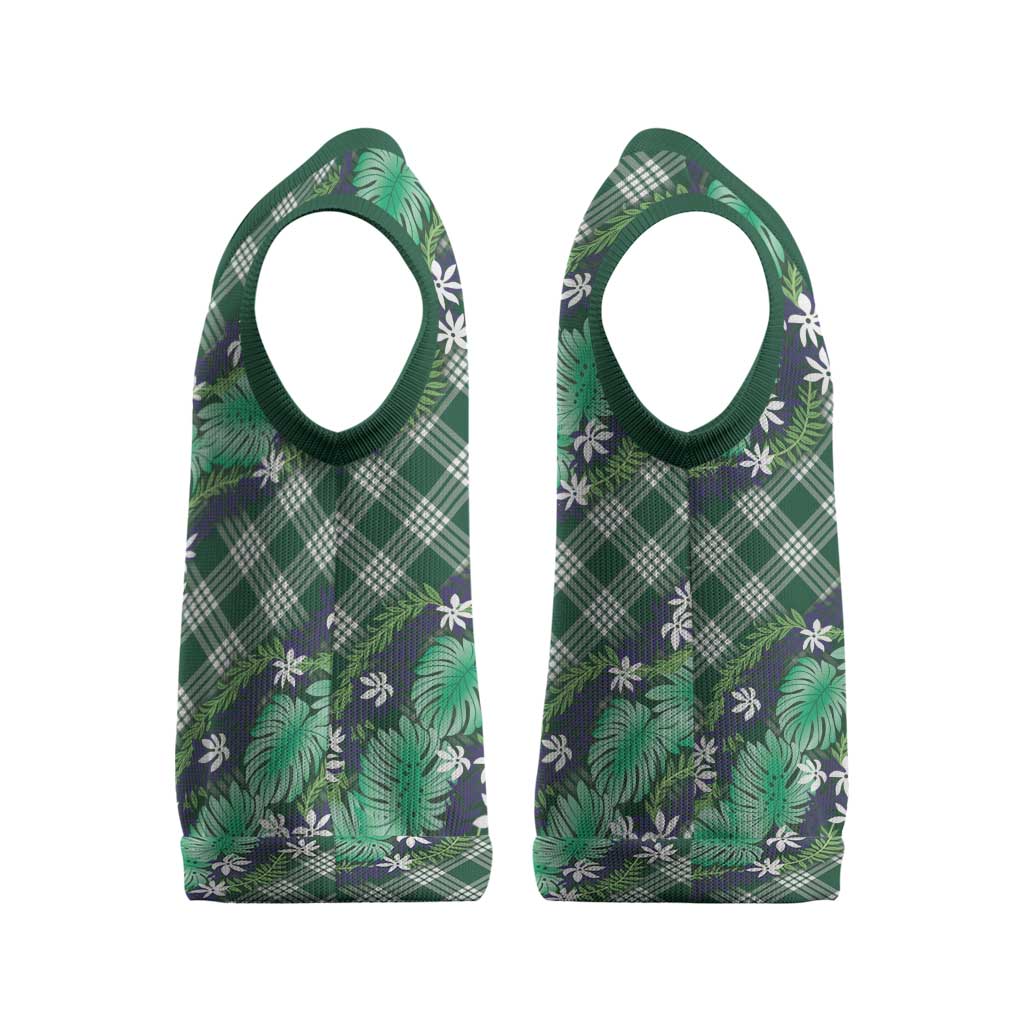 Polynesian Monstera Tiare Floral Christmas Knitted V-Neck Vest Forest Green Tropical Plaid - Polynesian Pride