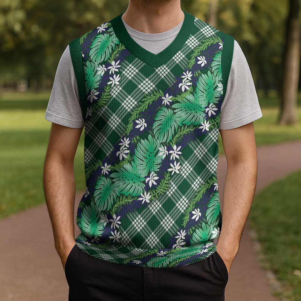 Polynesian Monstera Tiare Floral Christmas Knitted V-Neck Vest Forest Green Tropical Plaid - Polynesian Pride