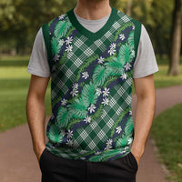 Polynesian Monstera Tiare Floral Christmas Knitted V-Neck Vest Forest Green Tropical Plaid - Polynesian Pride