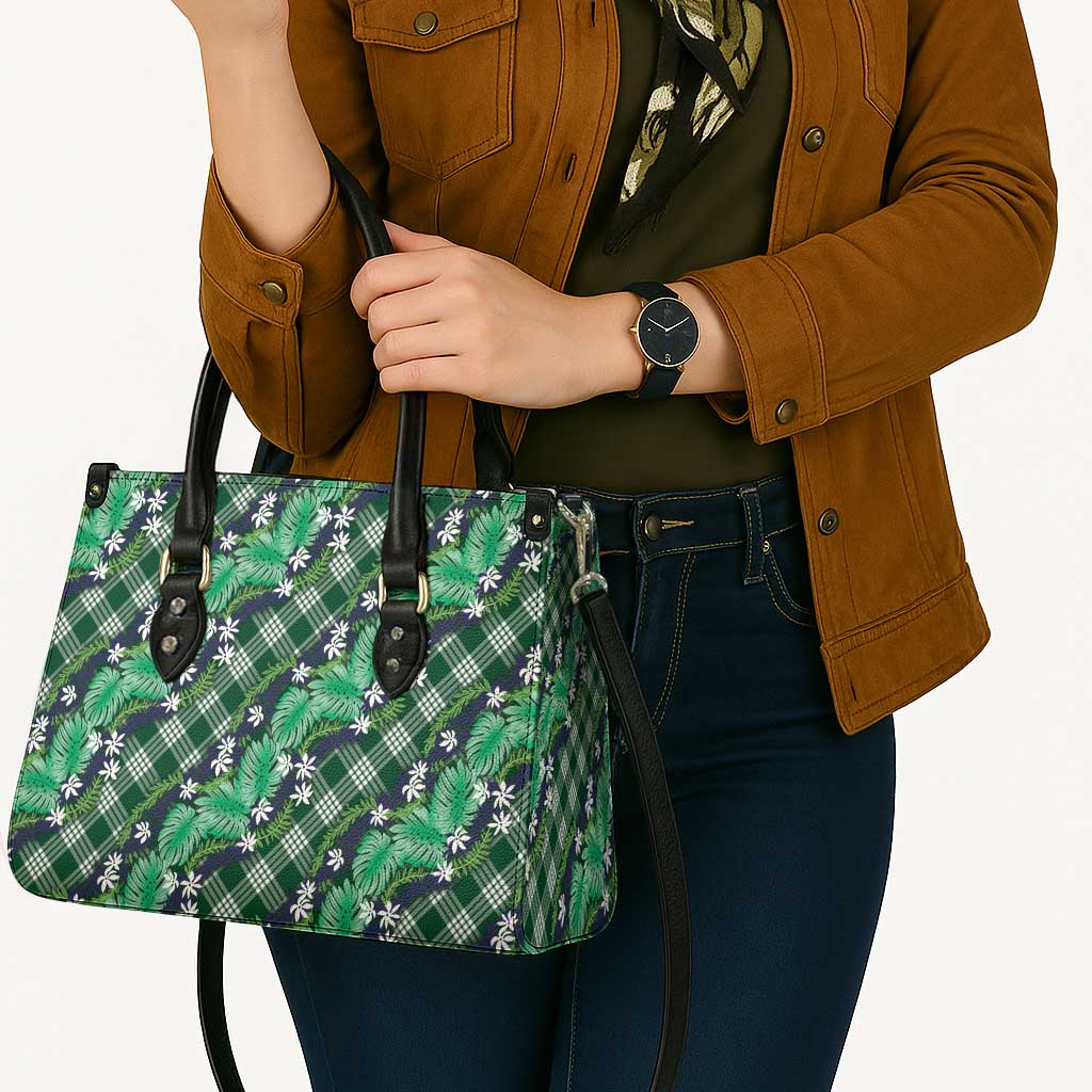 Polynesian Monstera Tiare Floral Leather Bag Forest Green Tropical Plaid - Polynesian Pride