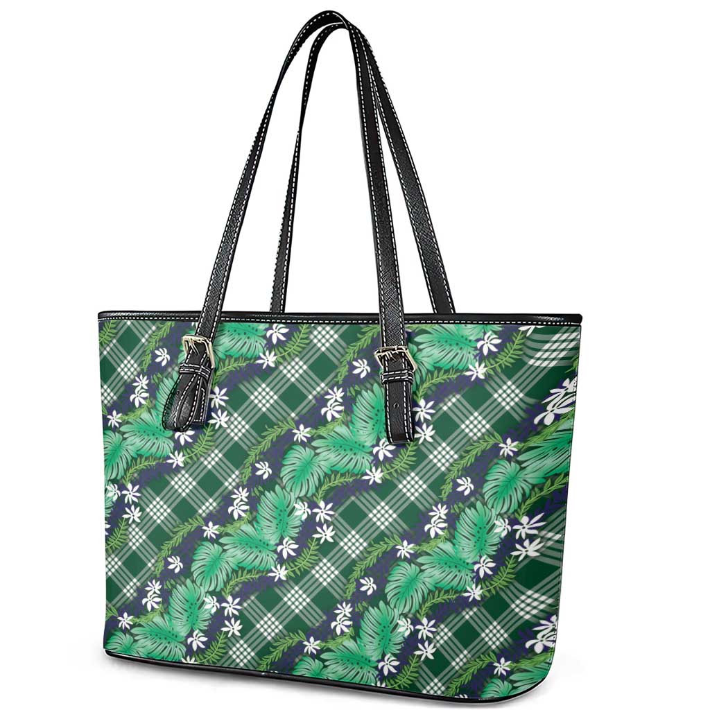 Polynesian Monstera Tiare Floral Leather Tote Bag Forest Green Tropical Plaid - Polynesian Pride