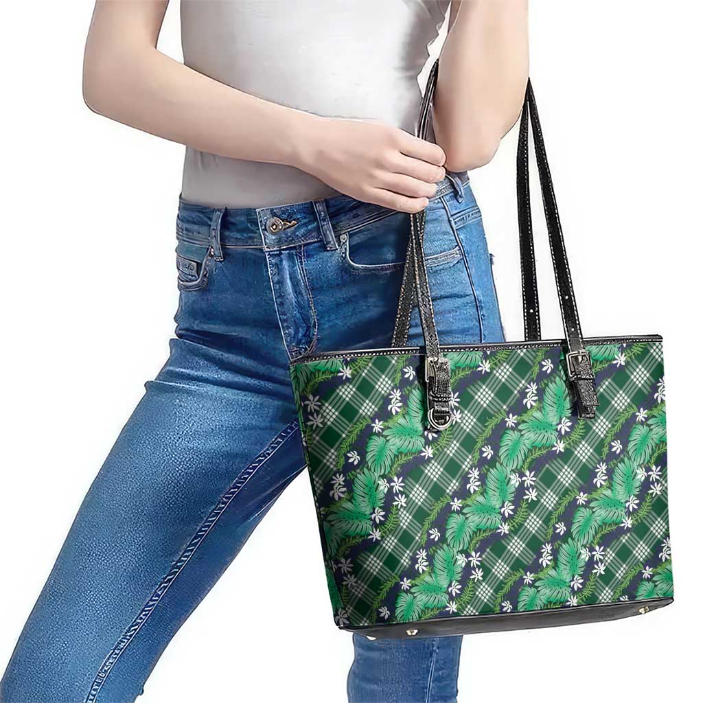 Polynesian Monstera Tiare Floral Leather Tote Bag Forest Green Tropical Plaid - Polynesian Pride