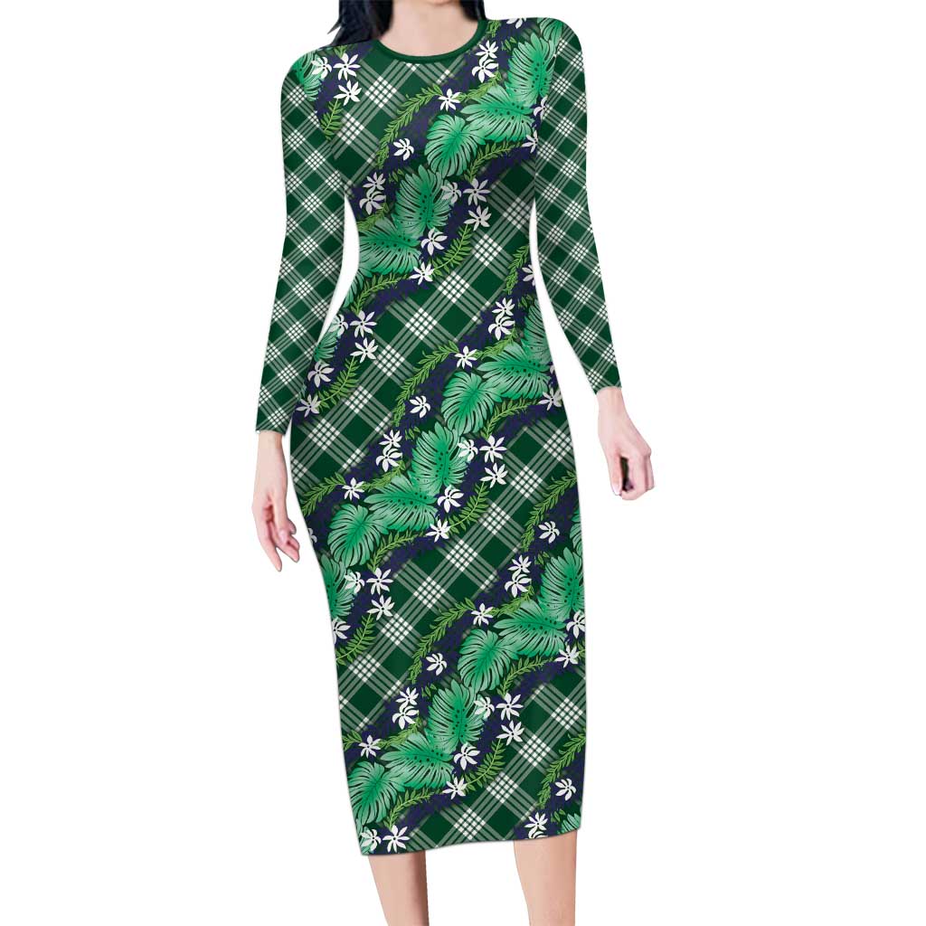 Polynesian Monstera Tiare Floral Long Sleeve Bodycon Dress Forest Green Tropical Plaid - Polynesian Pride