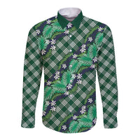 Polynesian Monstera Tiare Floral Long Sleeve Button Shirt Forest Green Tropical Plaid - Polynesian Pride