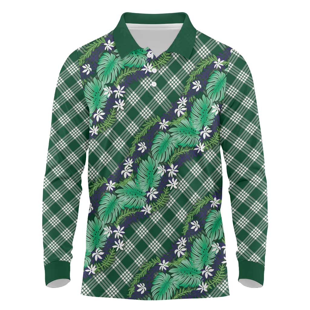 Polynesian Monstera Tiare Floral Long Sleeve Polo Shirt Forest Green Tropical Plaid - Polynesian Pride
