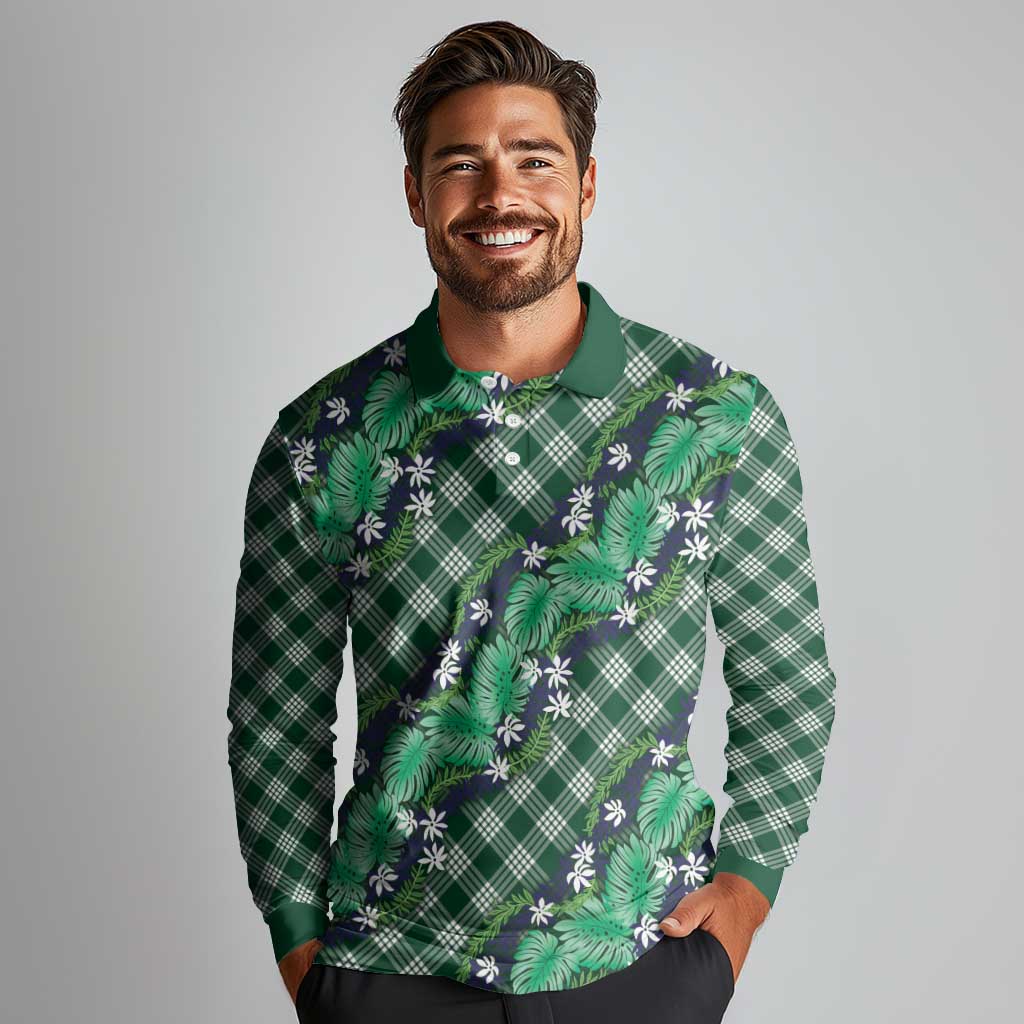 Polynesian Monstera Tiare Floral Long Sleeve Polo Shirt Forest Green Tropical Plaid - Polynesian Pride