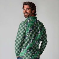 Polynesian Monstera Tiare Floral Long Sleeve Polo Shirt Forest Green Tropical Plaid - Polynesian Pride