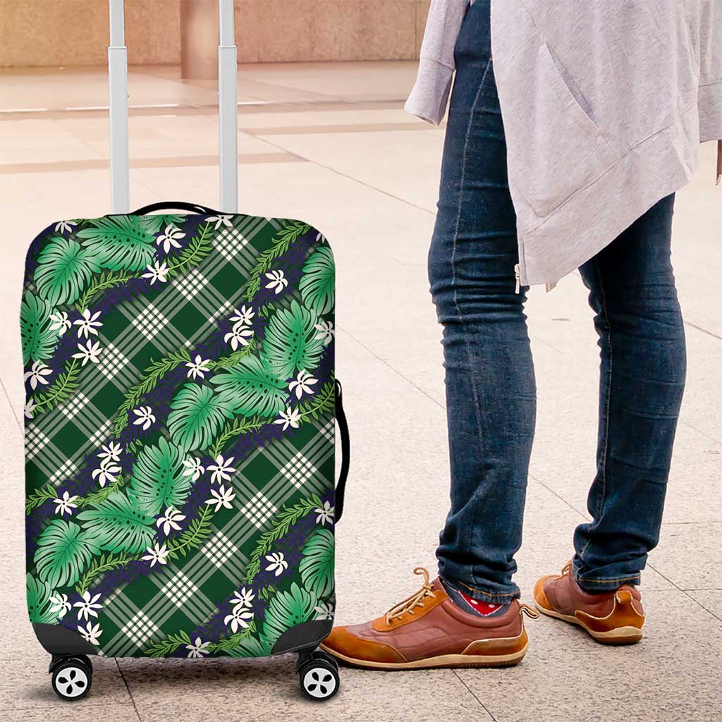 Polynesian Monstera Tiare Floral Luggage Cover Forest Green Tropical Plaid - Polynesian Pride