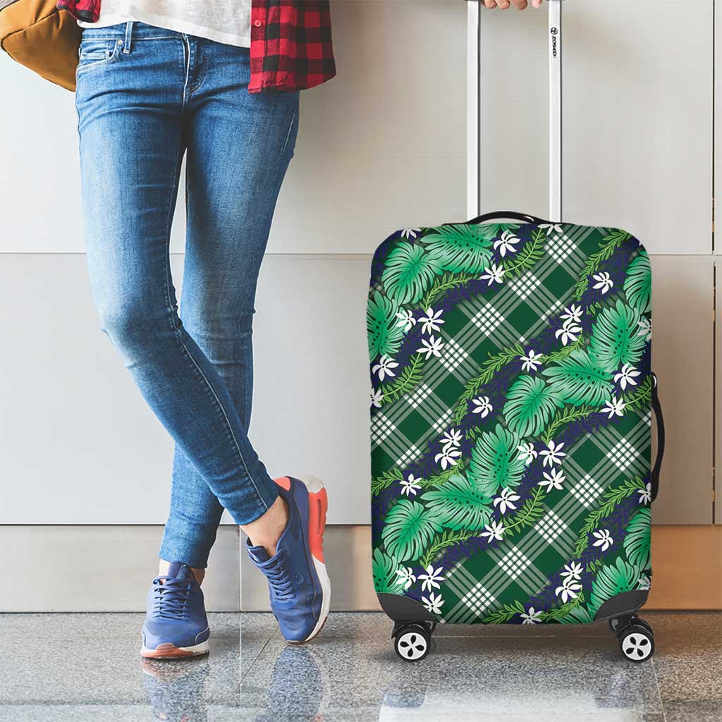 Polynesian Monstera Tiare Floral Luggage Cover Forest Green Tropical Plaid - Polynesian Pride