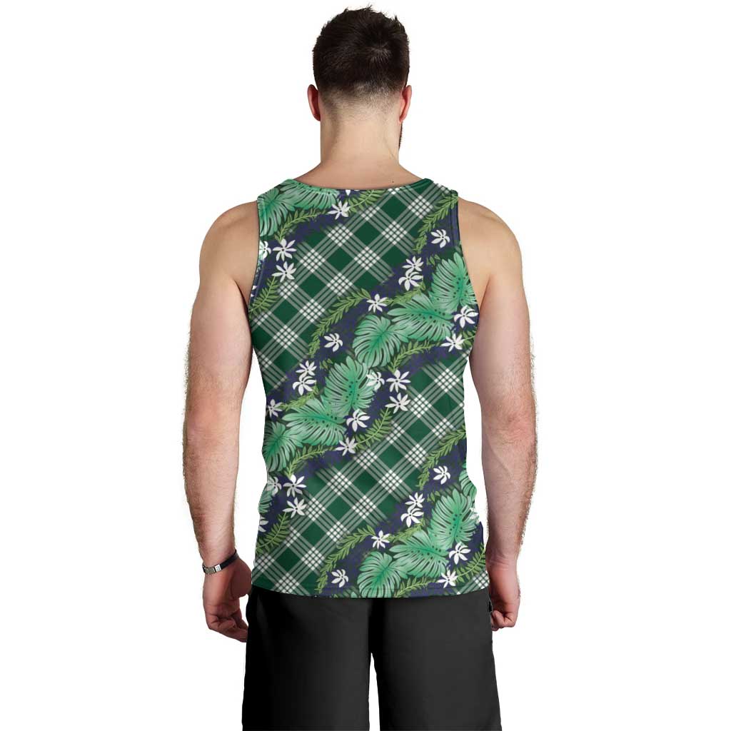 Polynesian Monstera Tiare Floral Men Tank Top Forest Green Tropical Plaid - Polynesian Pride