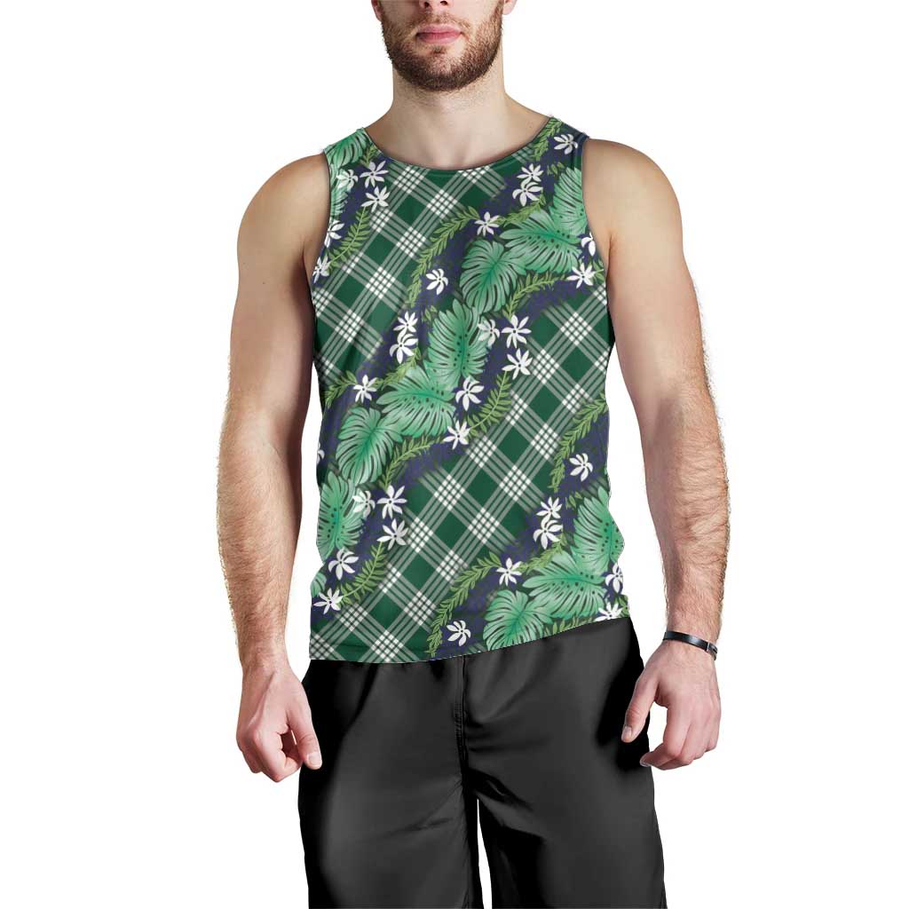 Polynesian Monstera Tiare Floral Men Tank Top Forest Green Tropical Plaid - Polynesian Pride
