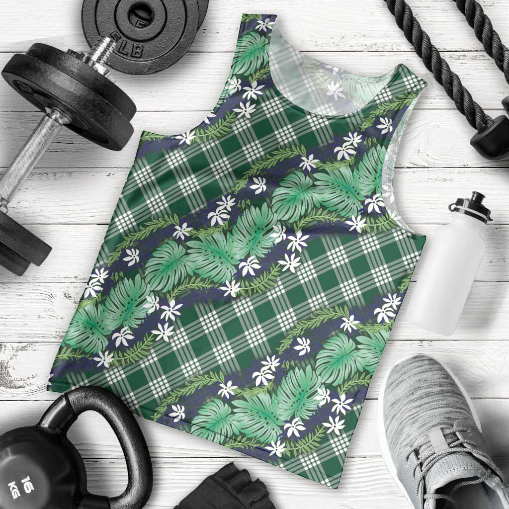 Polynesian Monstera Tiare Floral Men Tank Top Forest Green Tropical Plaid - Polynesian Pride