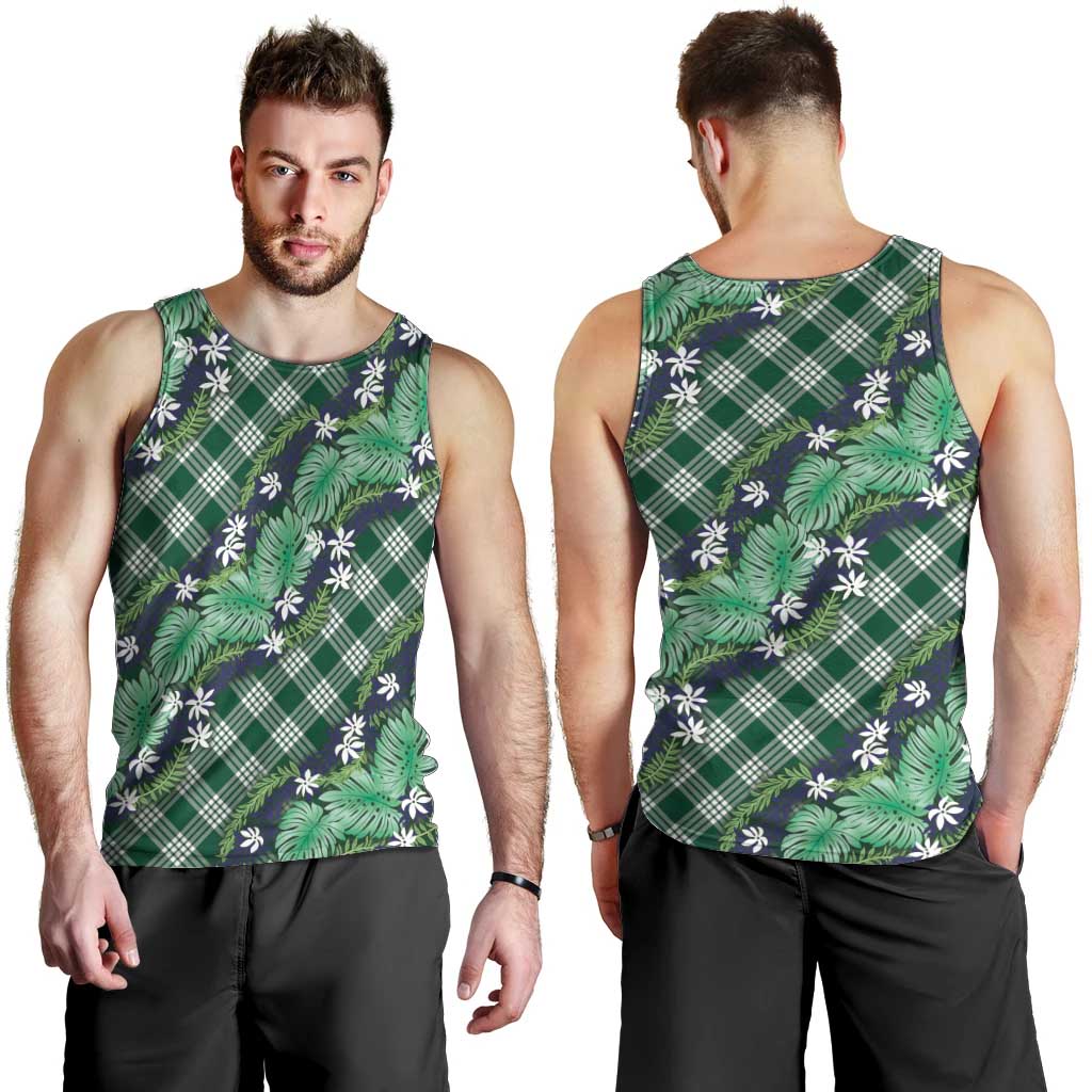 Polynesian Monstera Tiare Floral Men Tank Top Forest Green Tropical Plaid - Polynesian Pride