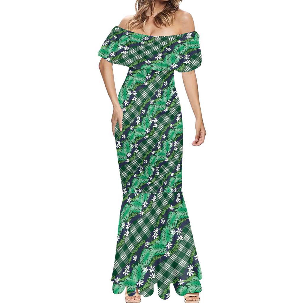 Polynesian Monstera Tiare Floral Mermaid Dress Forest Green Tropical Plaid - Polynesian Pride