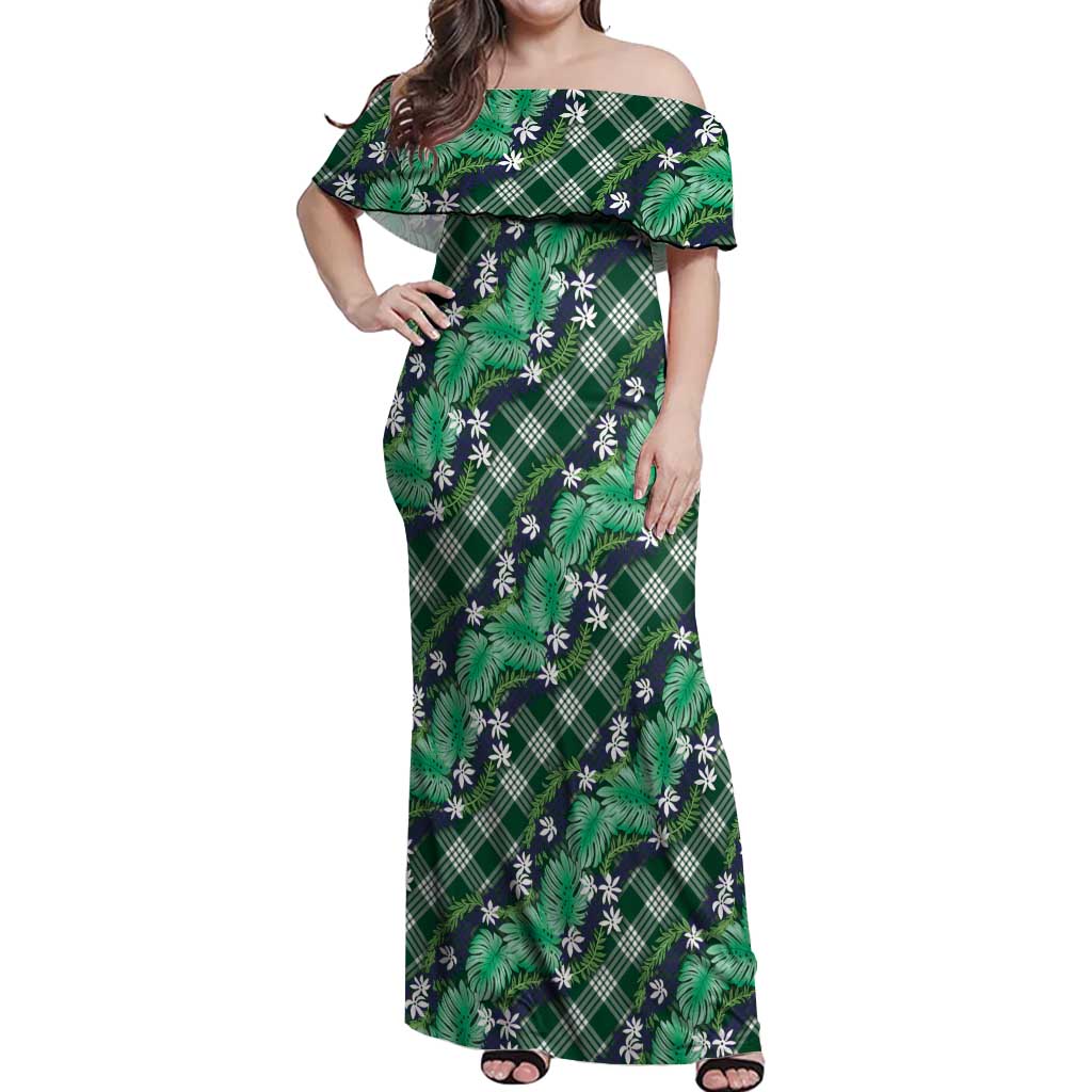 Polynesian Monstera Tiare Floral Off Shoulder Maxi Dress Forest Green Tropical Plaid - Polynesian Pride